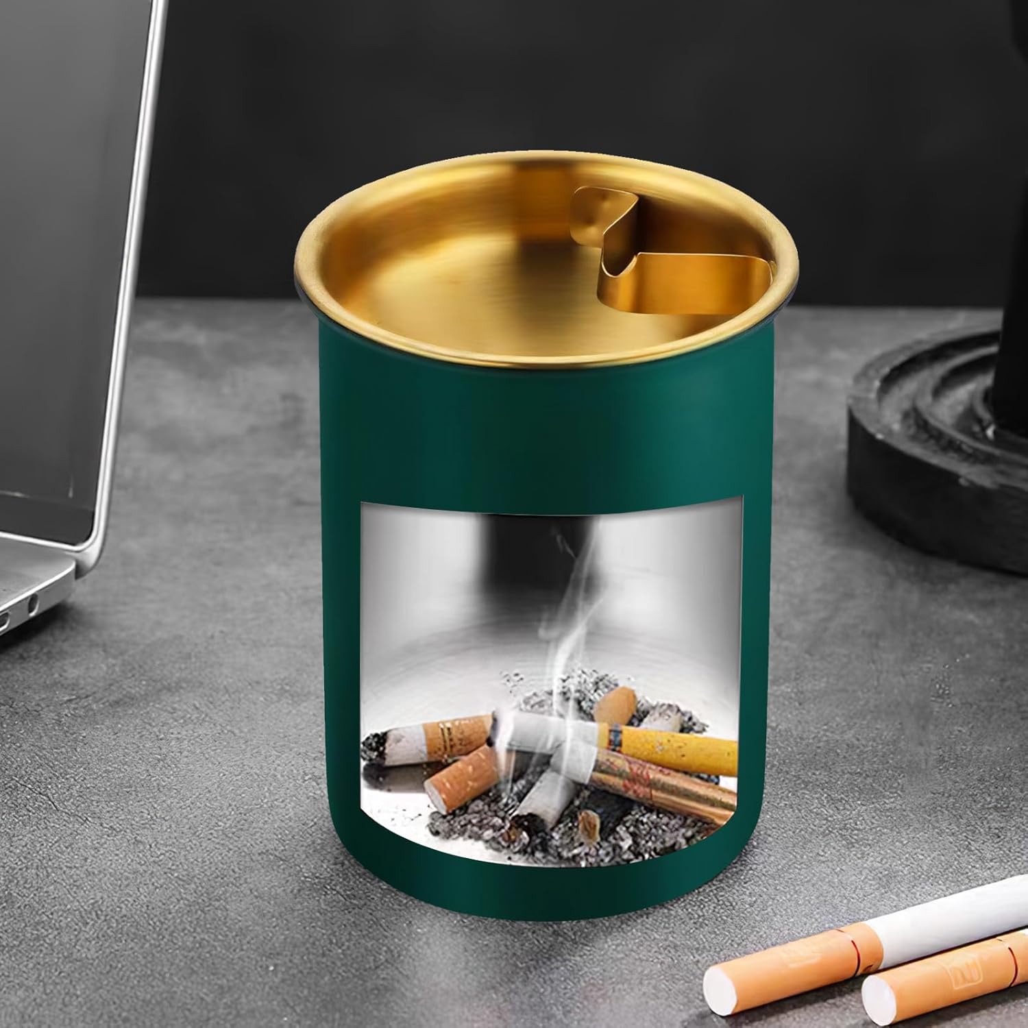 Stainless Steel Ash Tray with Lid & Cigarette Holder (Green, Silver) - Image 11