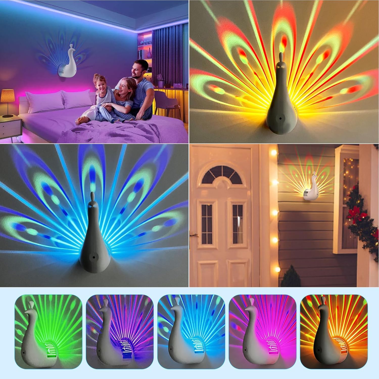 7 Color Peacock Wall Lamp with Remote Control, USB Charging, White - Image 7