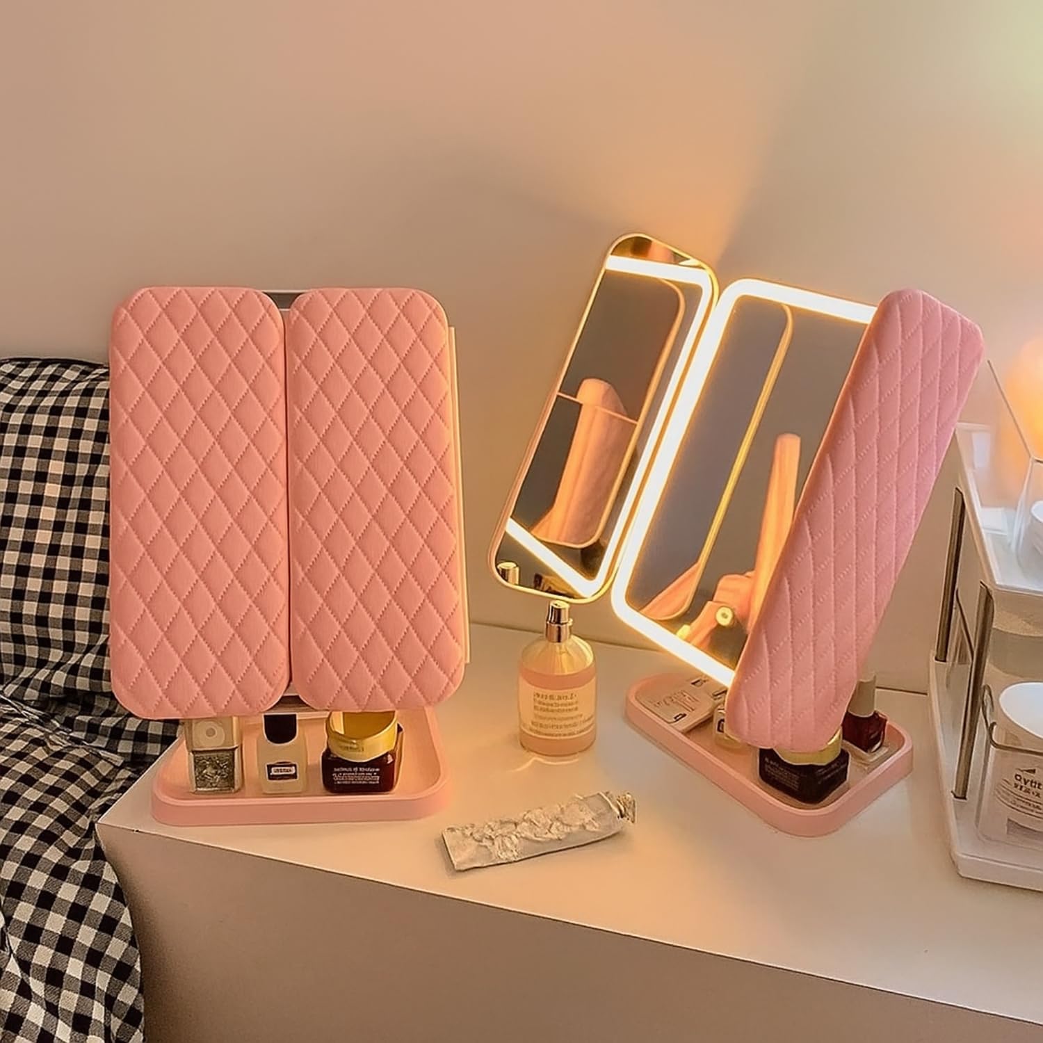 74 LED Vanity Trifold Makeup Mirror with 3 Color Modes & Touch Dimming (Pink) - Image 6