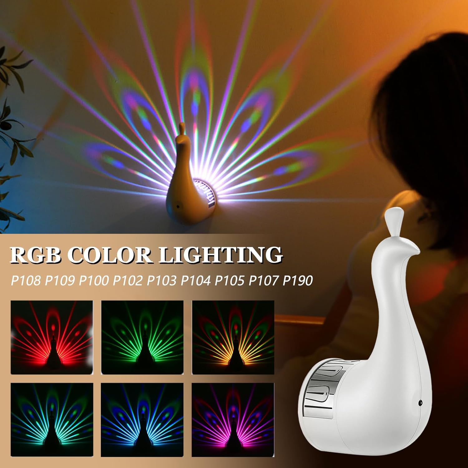 7 Color Peacock Wall Lamp with Remote Control, USB Charging, White