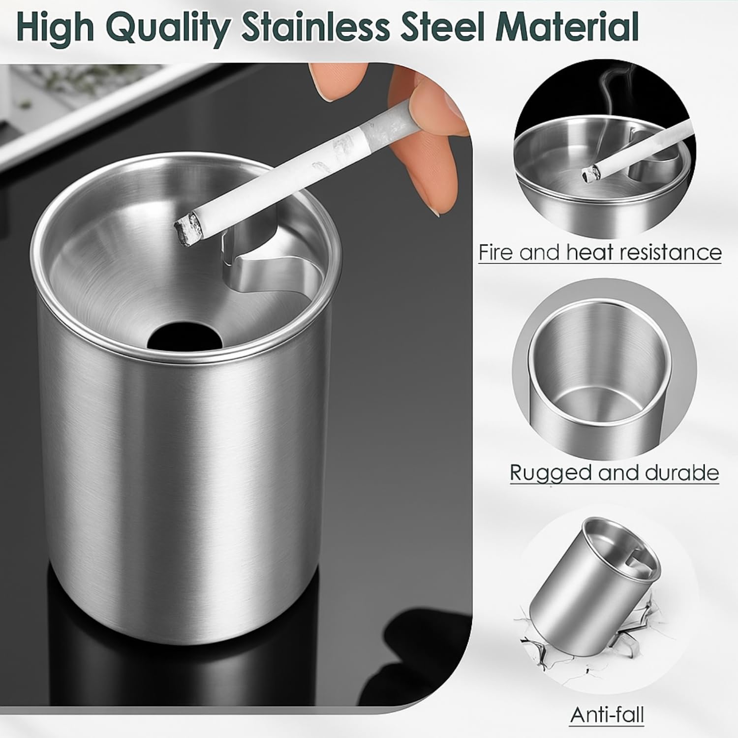 Stainless Steel Ash Tray with Lid & Cigarette Holder (Green, Silver) - Image 3