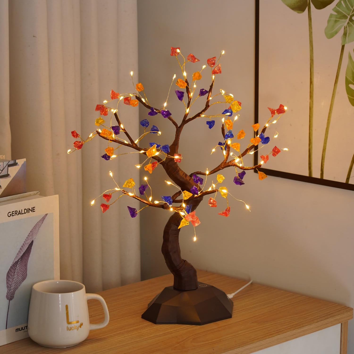 Stone Palm Tree LED Table Lamp Decorative Bonsai Light with Adjustable Branches