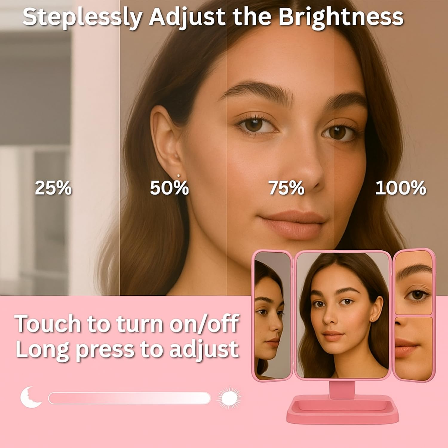 74 LED Vanity Trifold Makeup Mirror with 3 Color Modes & Touch Dimming (Pink) - Image 3