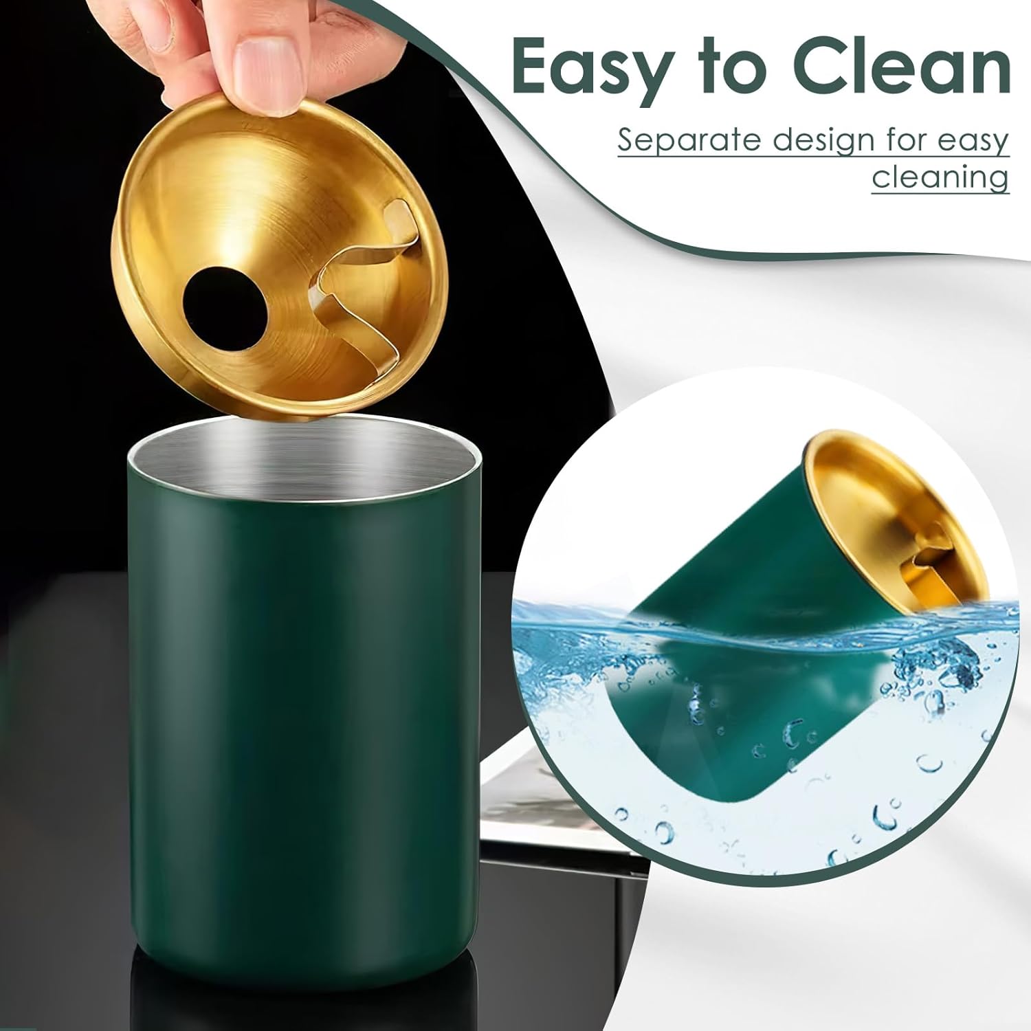 Stainless Steel Ash Tray with Lid & Cigarette Holder (Green, Silver) - Image 7