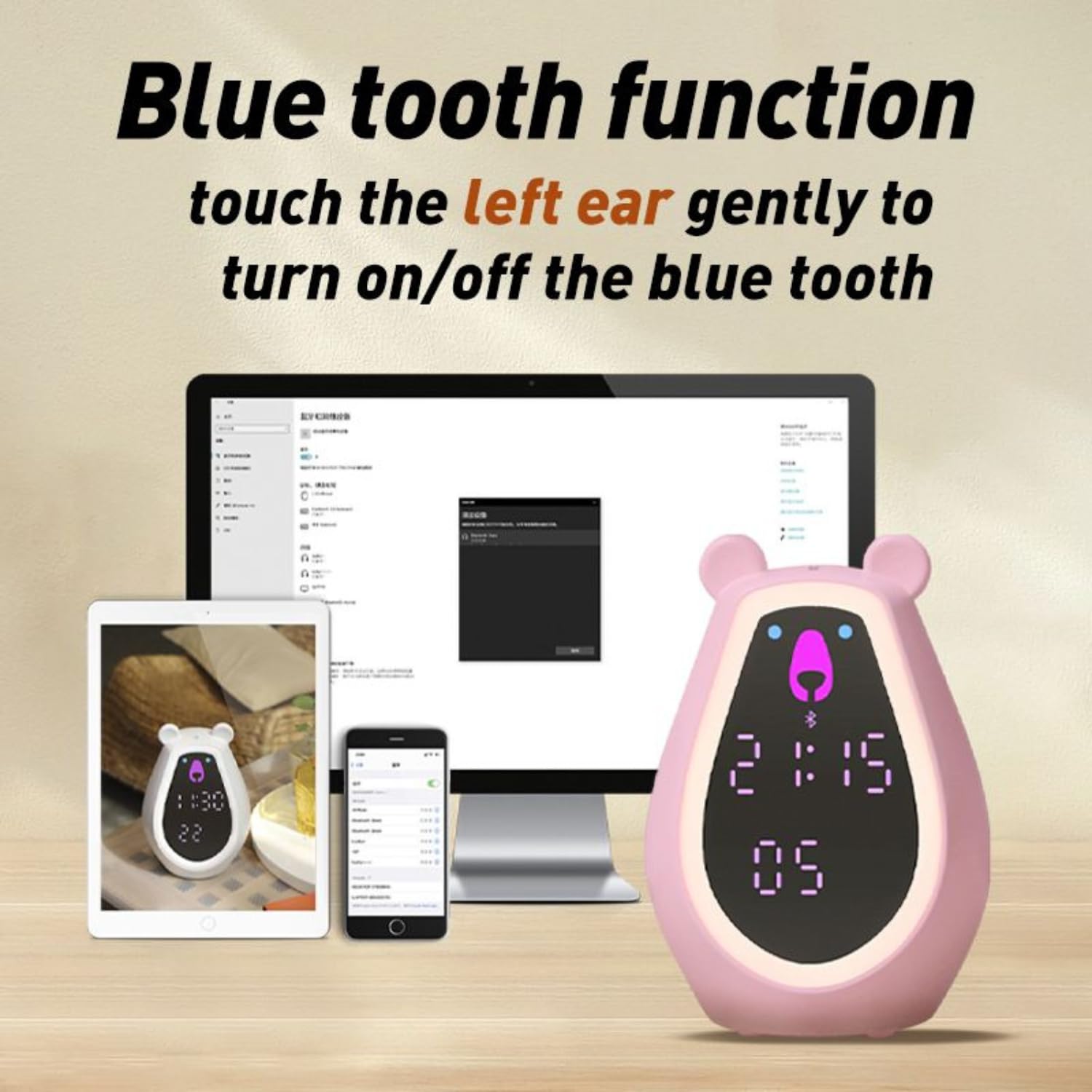 Adorable Bear Alarm Clock with Digital Mirror & Gesture Sensing Makeup Light – Snooze Mode(mix color only) - Image 11