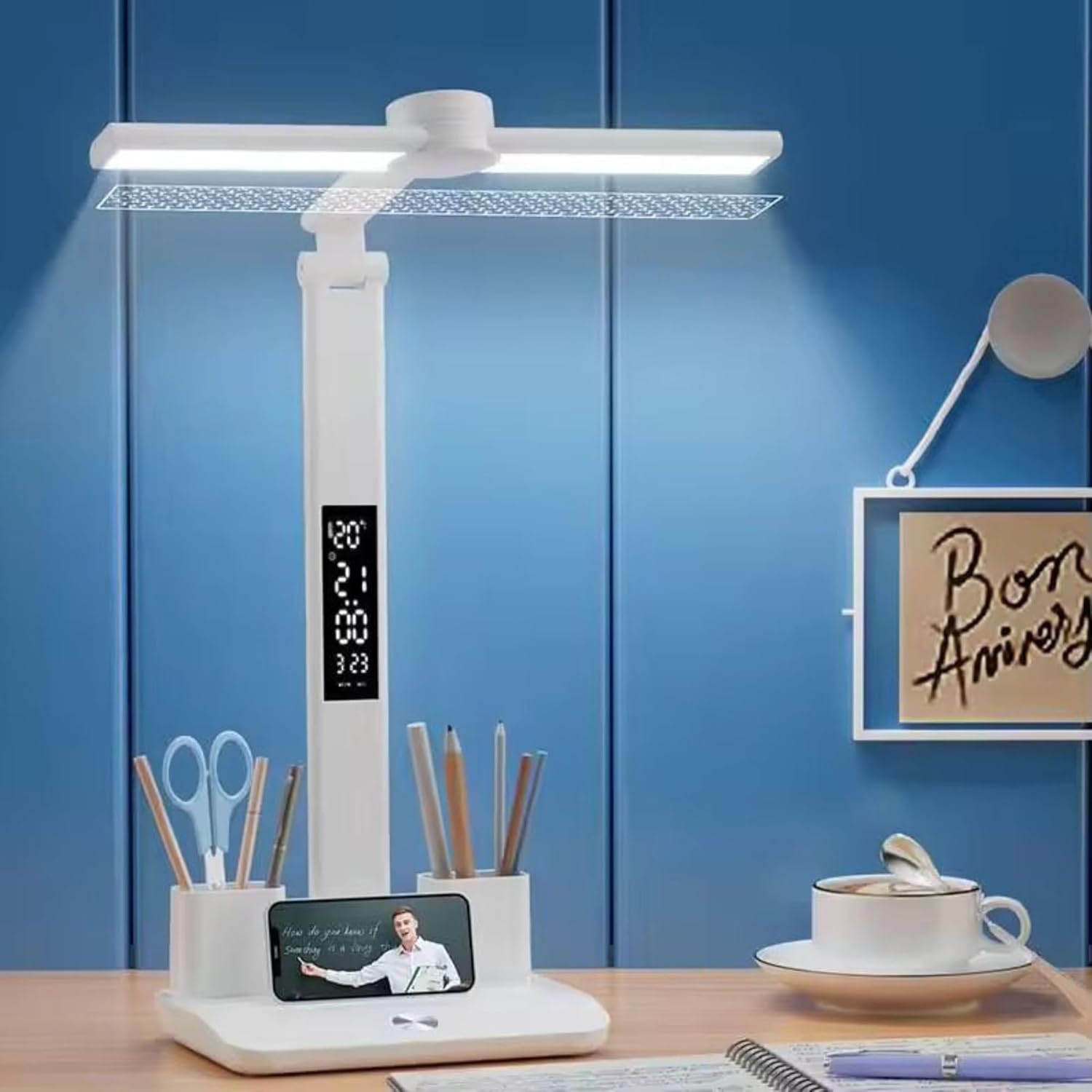 7 in 1 Dual Head LED Desk Lamp with clock display(White)