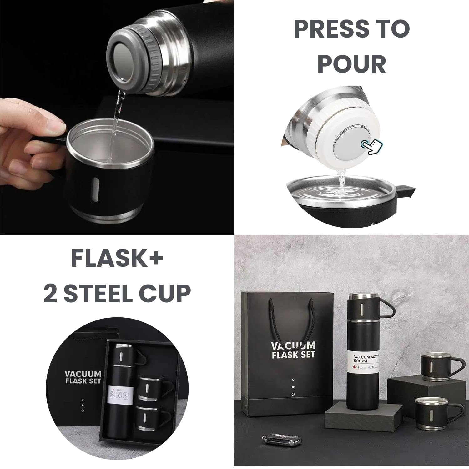 500 ml Double Wall Stainless Steel Vacuum Flask Set with 2 Cups (mix color only) - Image 3
