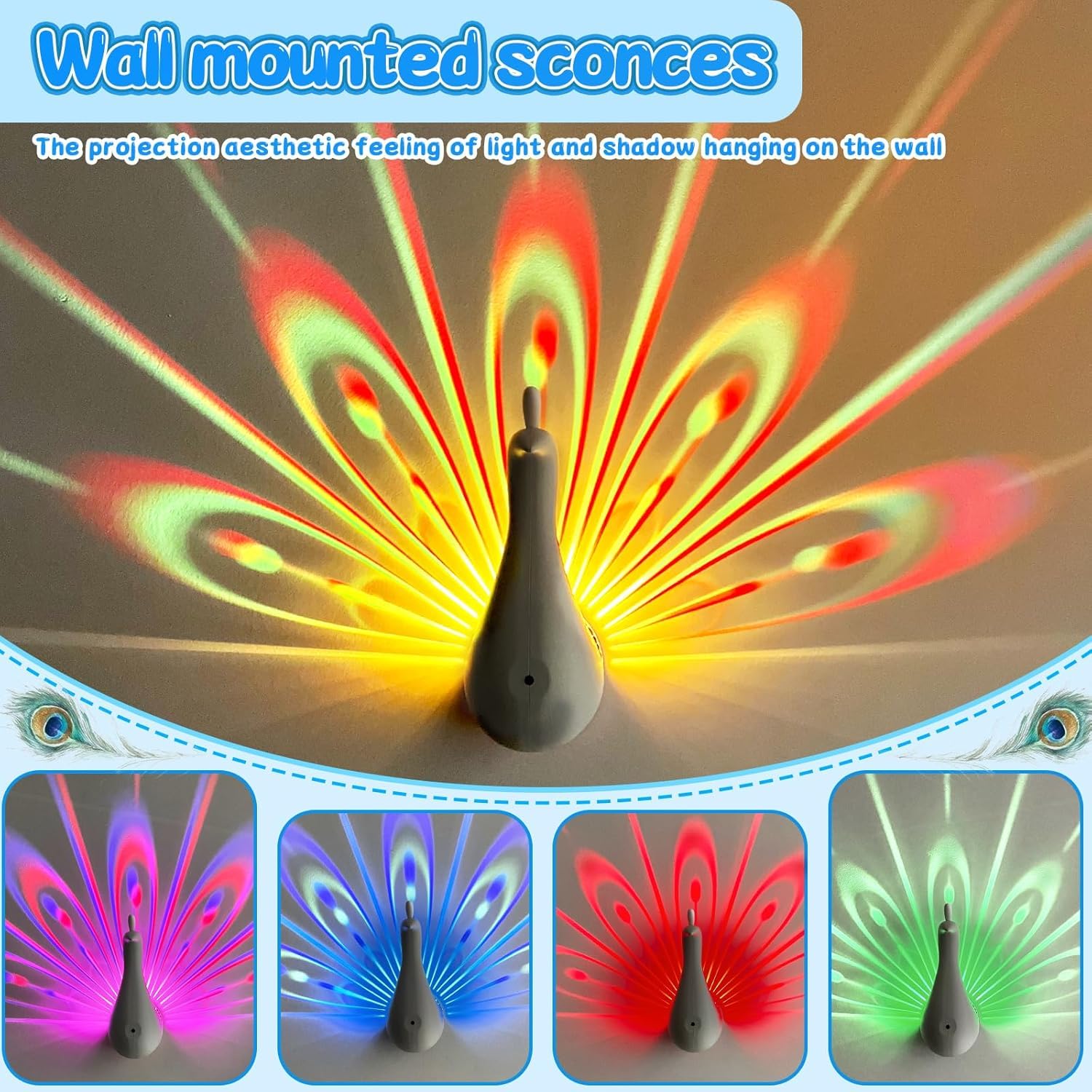 7 Color Peacock Wall Lamp with Remote Control, USB Charging, White - Image 8