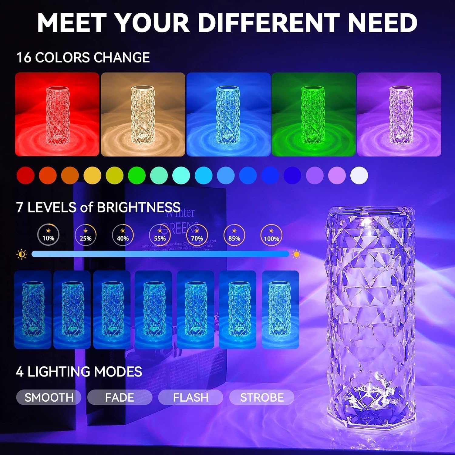 Color Changing Rose Crystal Diamond Table Lamp With Remote - Image 2