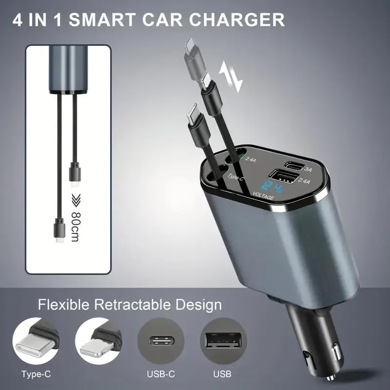 120W Fast Car Charger with 80CM Retractable Type-C Charging for 4 Devices – Universal Car Mobile Charger for All Smartphones & Tablets (car Charger) - Image 4