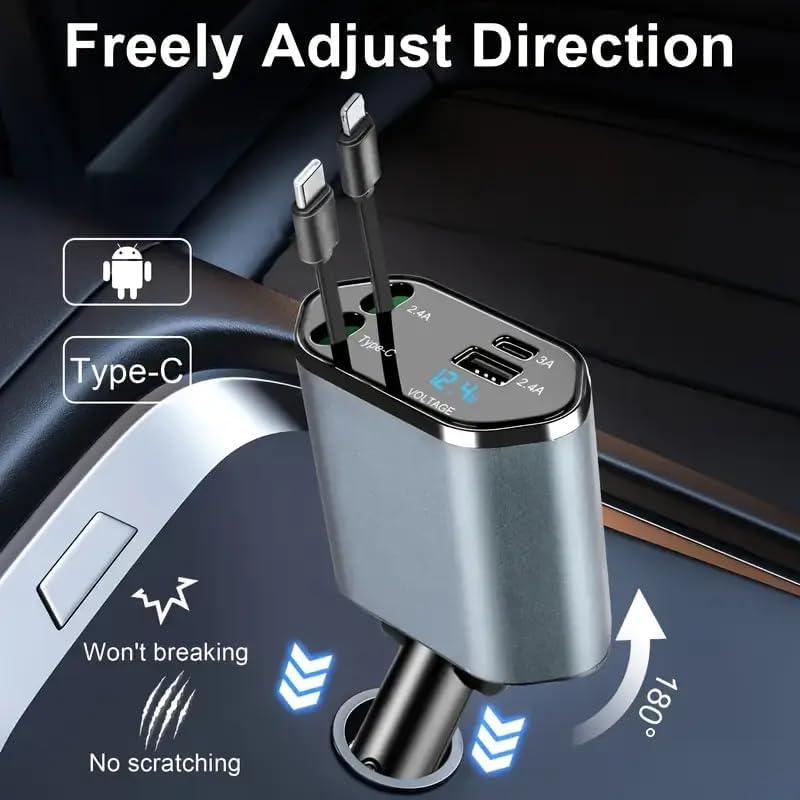 120W Fast Car Charger with 80CM Retractable Type-C Charging for 4 Devices – Universal Car Mobile Charger for All Smartphones & Tablets (car Charger) - Image 2
