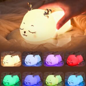 Silicone sleeping Deer Night Light for Kids,Soft Touch Sensor LED Lamp with 7 Color Changing Modes, Rechargeable USB Nursery Light for Baby, Toddler, Children’s Bedroom, Gifts & Room