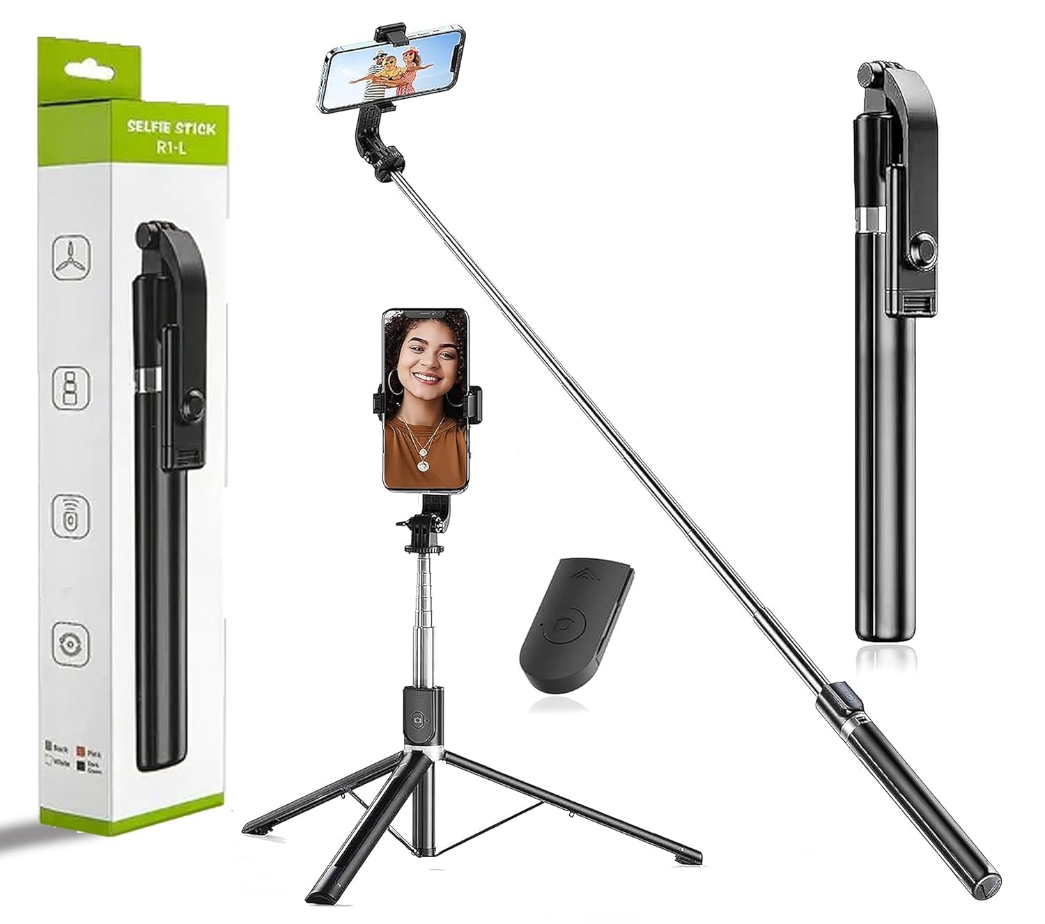 R1-L 3-in-1 Bluetooth Selfie Stick with Tripod Stand & Wireless Remote, 360° Rotation Extendable Mobile Holder for Vlogging, Reels & Photography (Black)