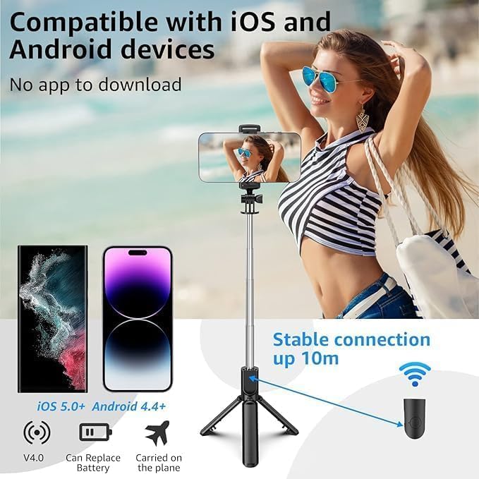 R1-L 3-in-1 Bluetooth Selfie Stick with Tripod Stand & Wireless Remote, 360° Rotation Extendable Mobile Holder for Vlogging, Reels & Photography (Black) - Image 2