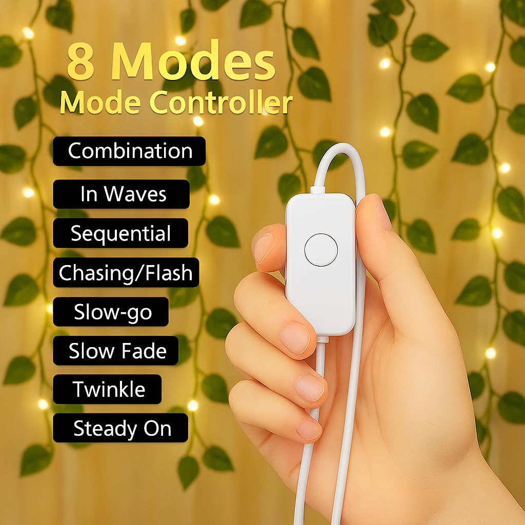Artificial Leaf Curtain LED String Lights – Warm White Fairy Lights with 8 Modes Controller, AC Plug for Home,Room,Wall,Birthday, Wedding & Diwali Decoration, Green Leaf Hanging Lights (10x3 Ft) - Image 3