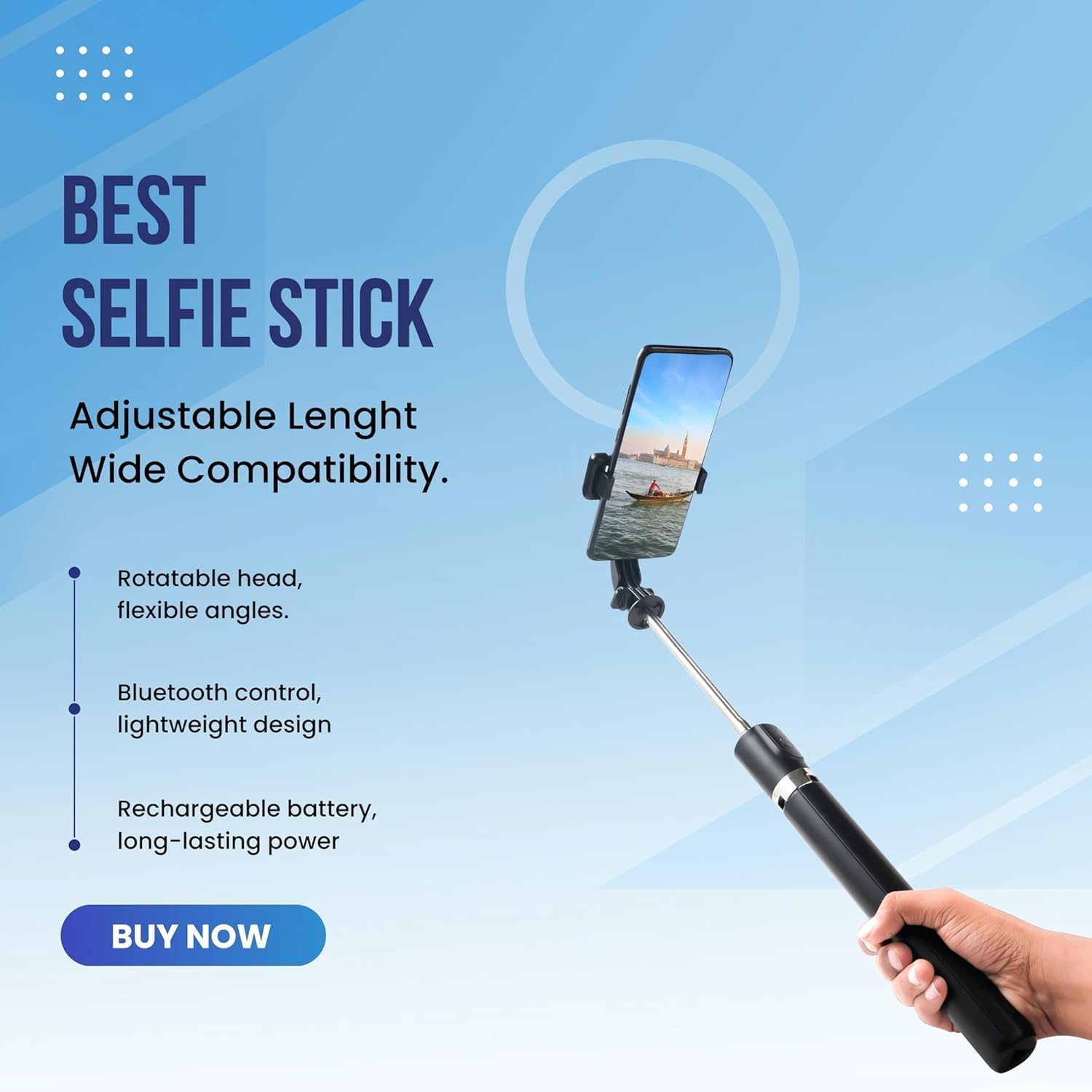 R1-L 3-in-1 Bluetooth Selfie Stick with Tripod Stand & Wireless Remote, 360° Rotation Extendable Mobile Holder for Vlogging, Reels & Photography (Black) - Image 8