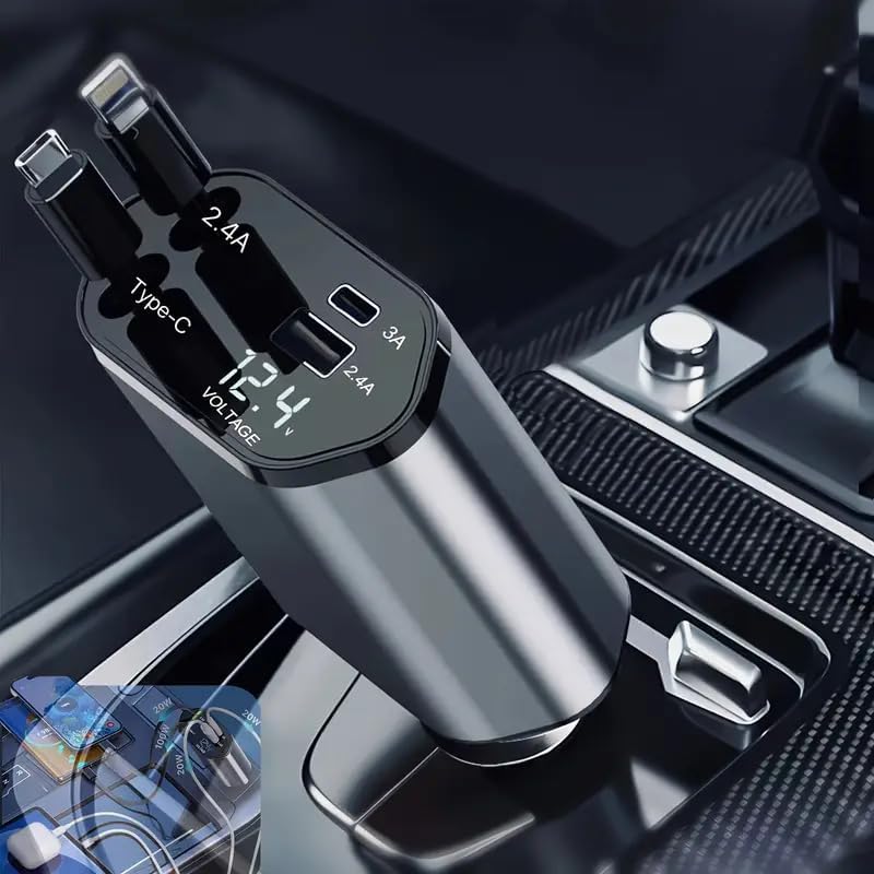 120W Fast Car Charger with 80CM Retractable Type-C Charging for 4 Devices – Universal Car Mobile Charger for All Smartphones & Tablets (car Charger)