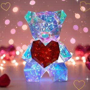 Crystal Teddy Bear LED Night Lamp with Holographic Heart Glow | Corded Electric Cute Bear Night Light for Kids Bedroom, Romantic Home Decor & Gift for Valentine, Anniversary and Birthday