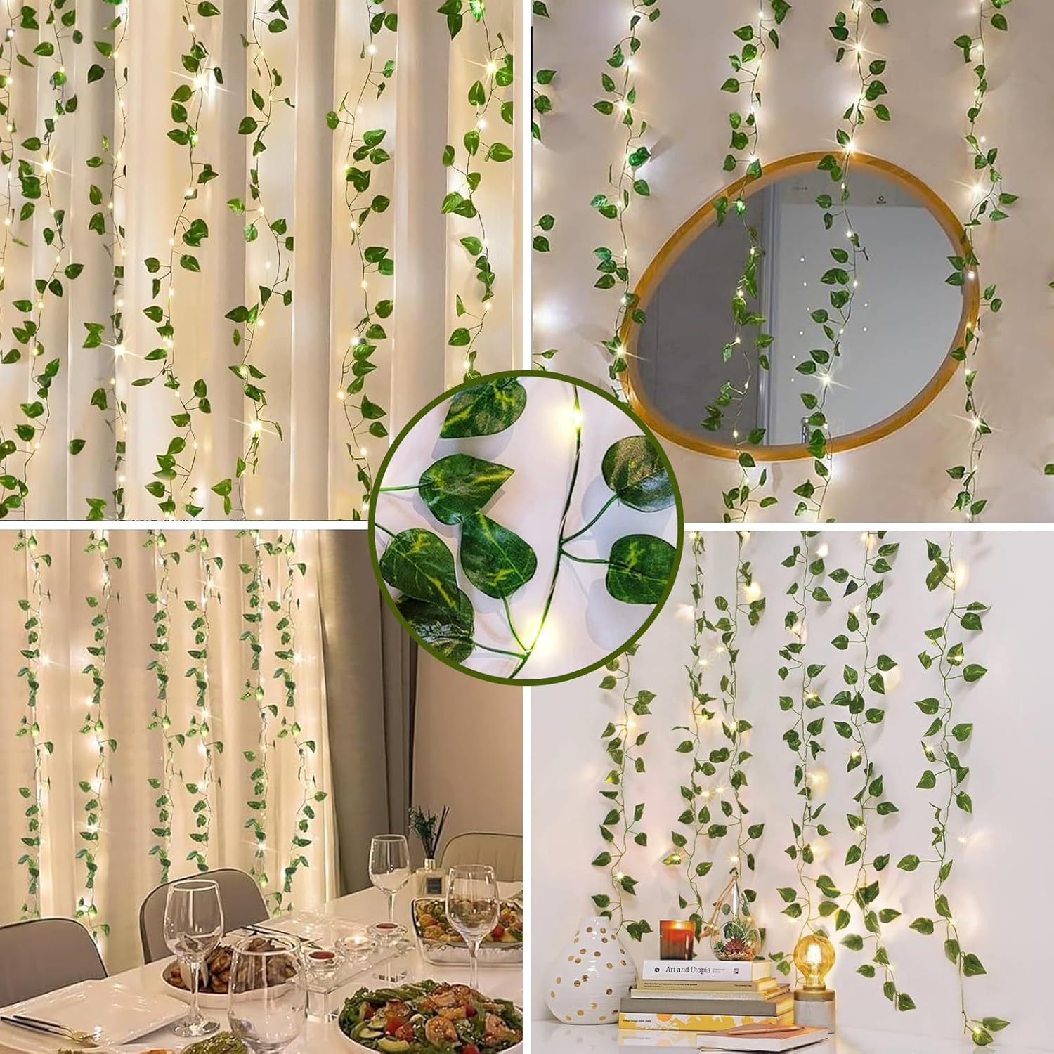 Artificial Leaf Curtain LED String Lights – Warm White Fairy Lights with 8 Modes Controller, AC Plug for Home,Room,Wall,Birthday, Wedding & Diwali Decoration, Green Leaf Hanging Lights (10x3 Ft) - Image 2